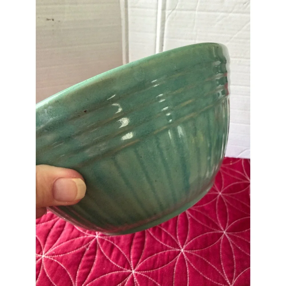 Vintage Teal Green Ribbed Stoneware Mixing Bowl Ceramic Farmhouse Kitchen Decor